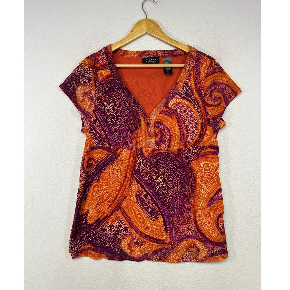 Boho Y2K Axcess Women Large Orange Purple Paisley Mesh Cap Sleeve V-Neck Blouse